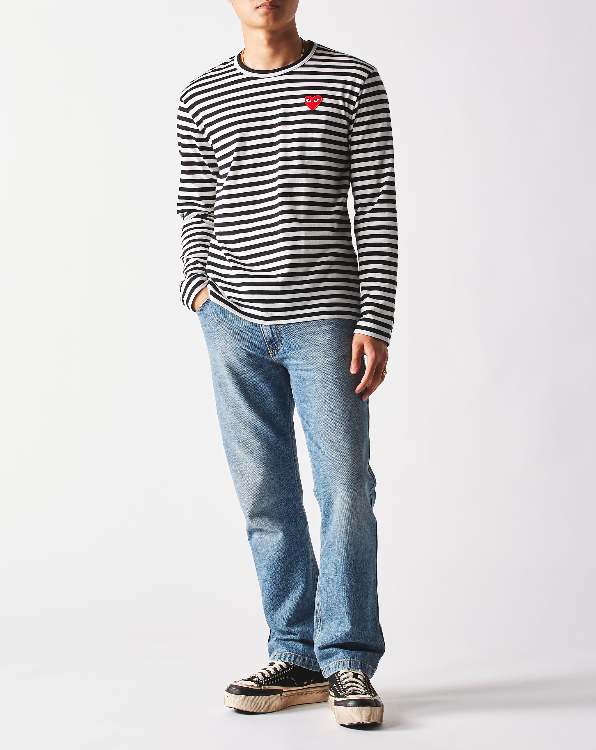 Comme des Garcons PLAY Striped Play T-Shirt With Logo Heart - Rule of Next Apparel